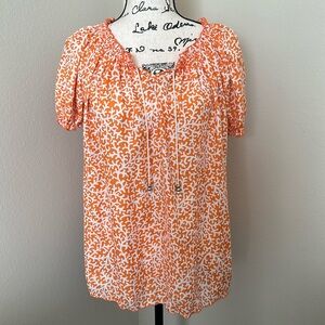 Croft & Barrow Women's Orange White Abstract Print Puff Sleeve V-Neck Blouse M